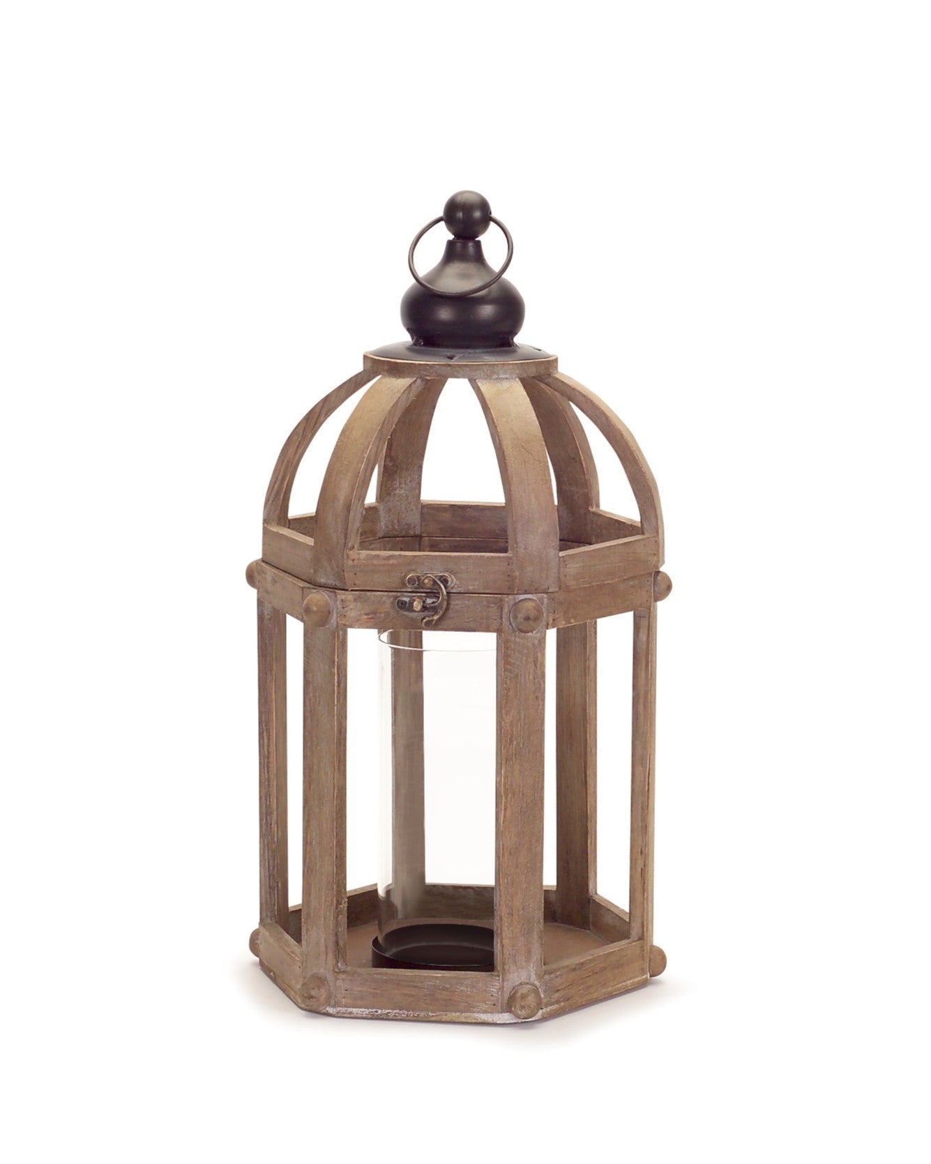 Set of Two Brown Distressed Wood And Glass Floor Lantern Candle Holders-Candle Holders-DECOROLALA
