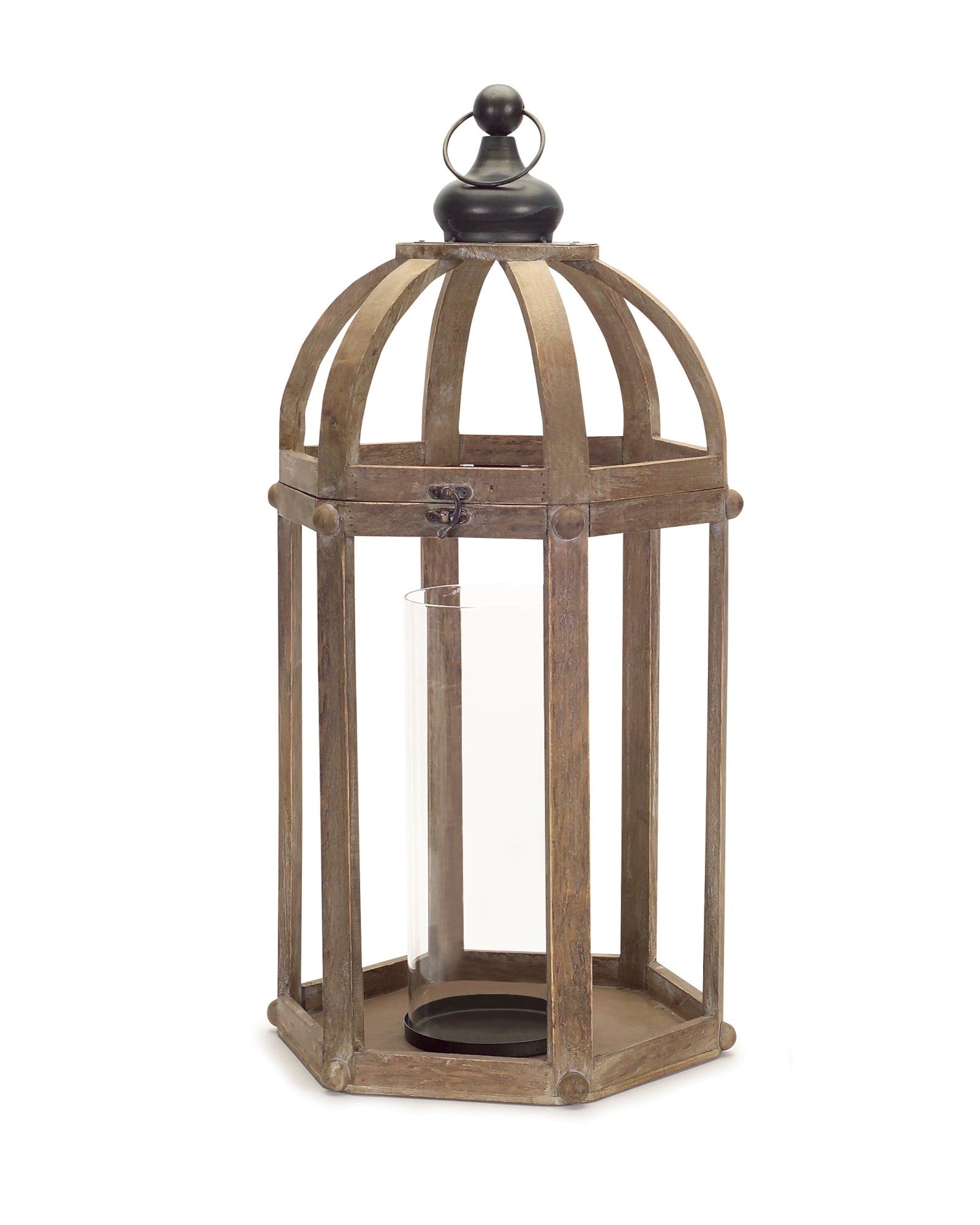 Set of Two Brown Distressed Wood And Glass Floor Lantern Candle Holders-Candle Holders-DECOROLALA