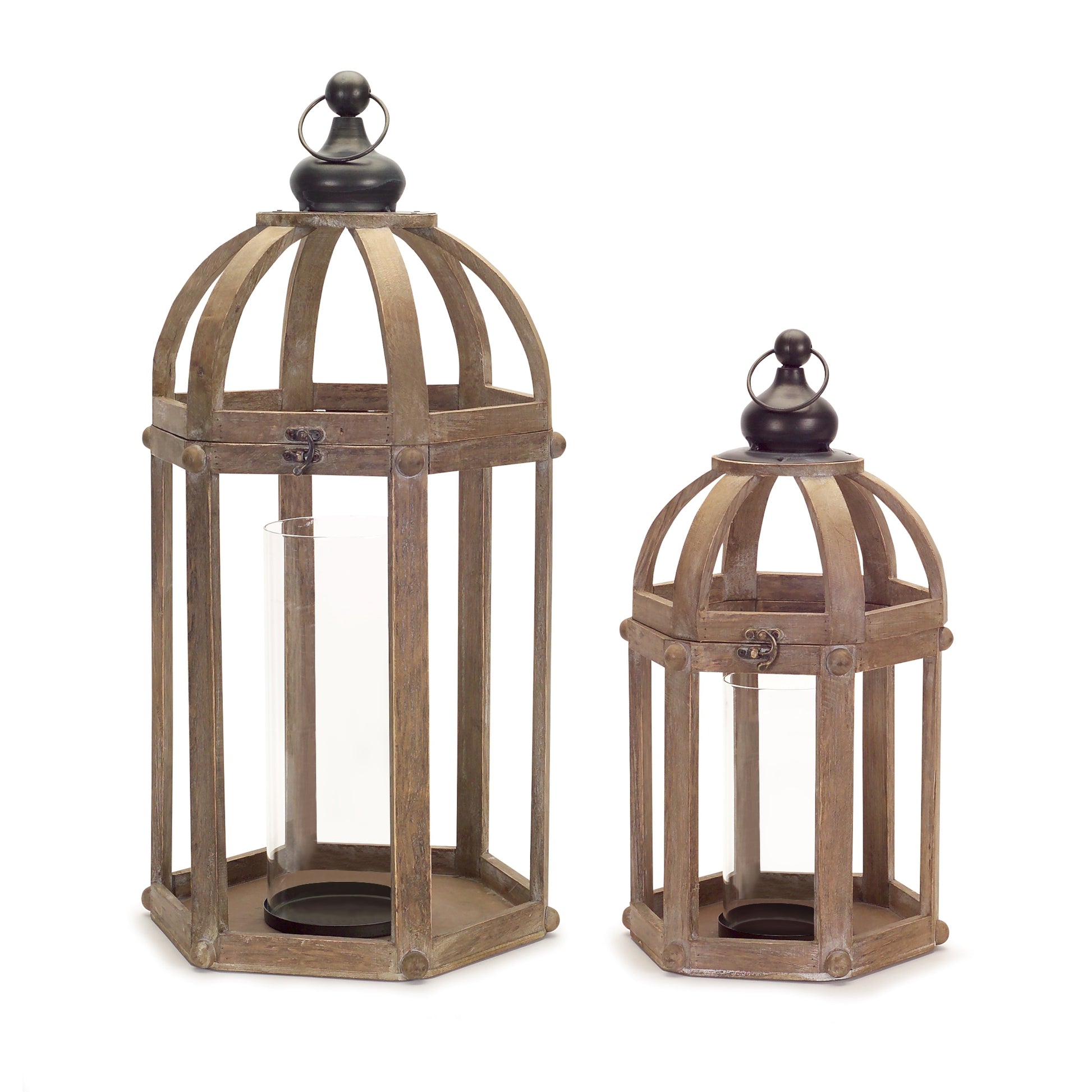 Set of Two Brown Distressed Wood And Glass Floor Lantern Candle Holders-Candle Holders-DECOROLALA