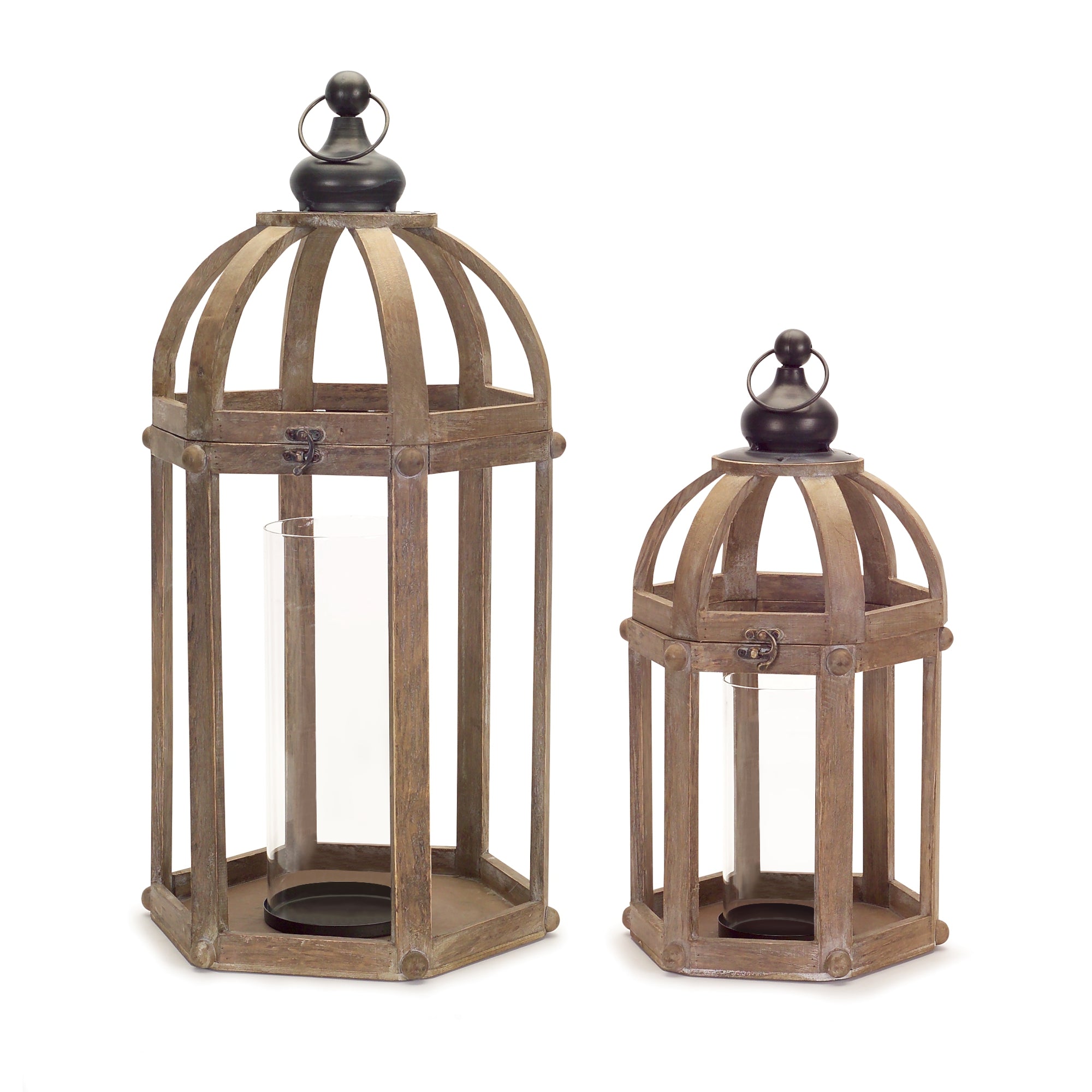 Set of Two Brown Distressed Wood And Glass Floor Lantern Candle Holders-Candle Holders-DECOROLALA