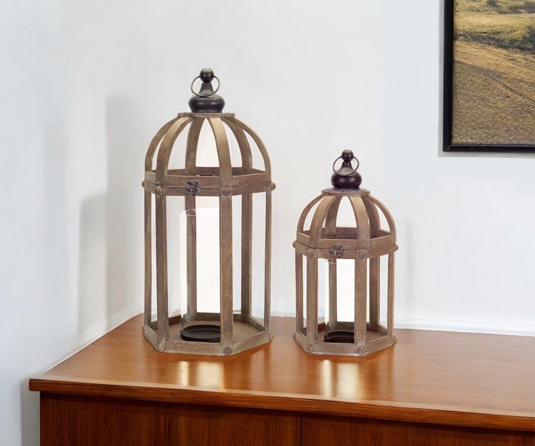 Set of Two Brown Distressed Wood And Glass Floor Lantern Candle Holders-Candle Holders-DECOROLALA