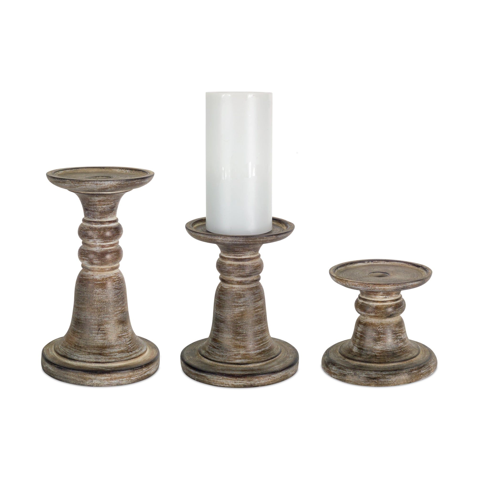 Set of Three Brown Distressed Stone Tabletop Taper Candlesticks-Candle Holders-DECOROLALA