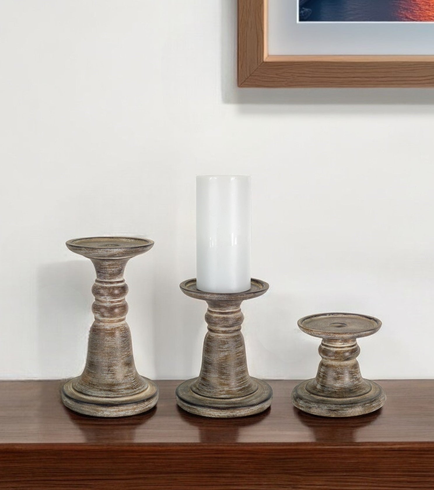 Set of Three Brown Distressed Stone Tabletop Taper Candlesticks-Candle Holders-DECOROLALA