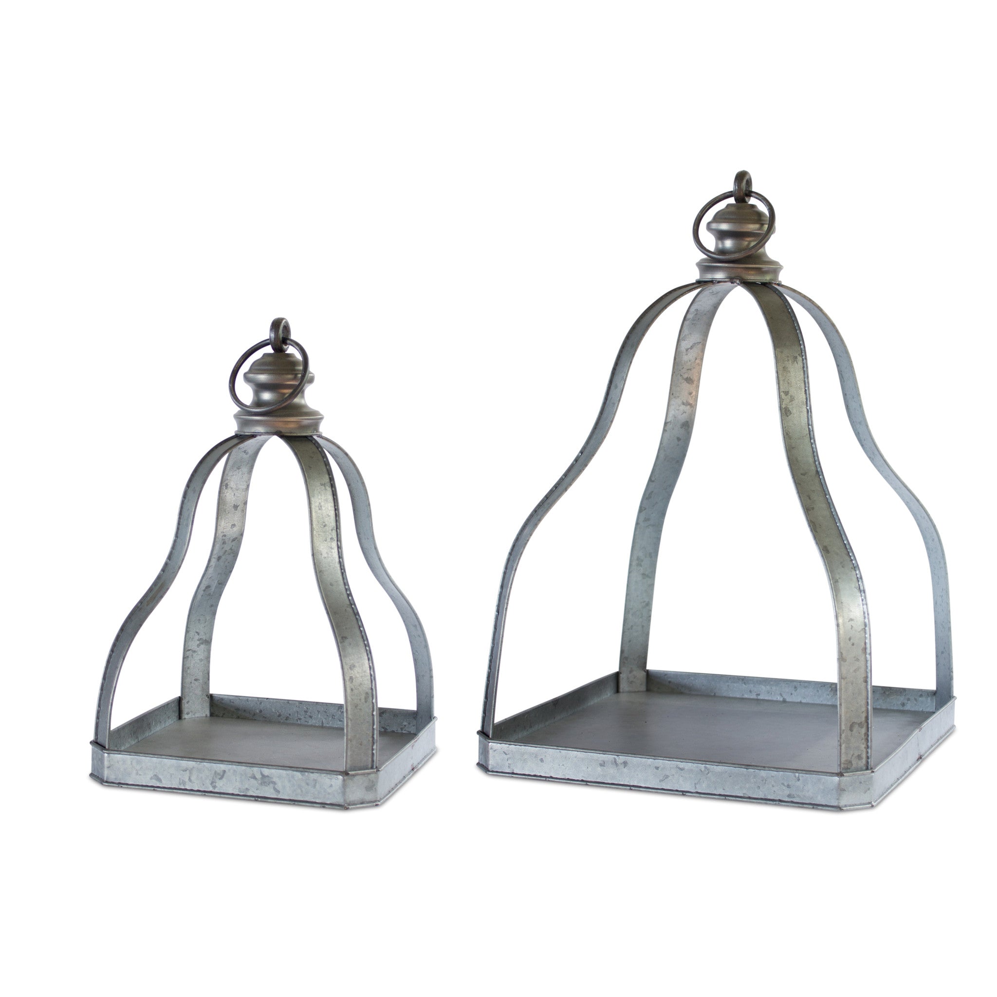 Set of Two Gray Distressed Galvanized Metal Tabletop Lantern Candle Holders-Candle Holders-DECOROLALA
