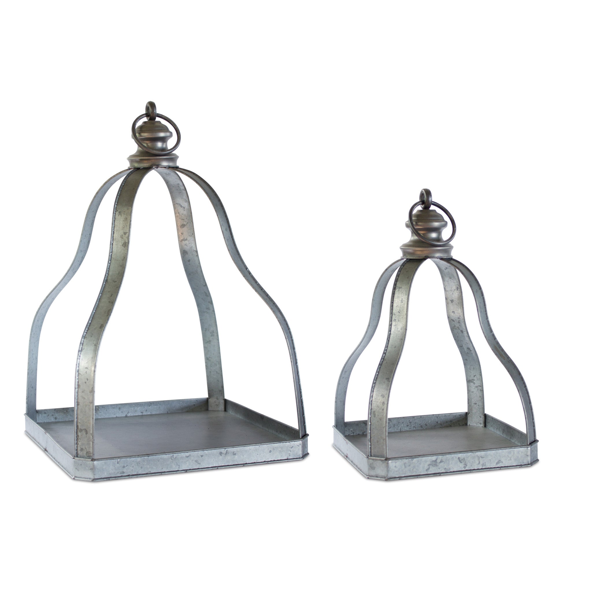 Set of Two Gray Distressed Galvanized Metal Tabletop Lantern Candle Holders-Candle Holders-DECOROLALA