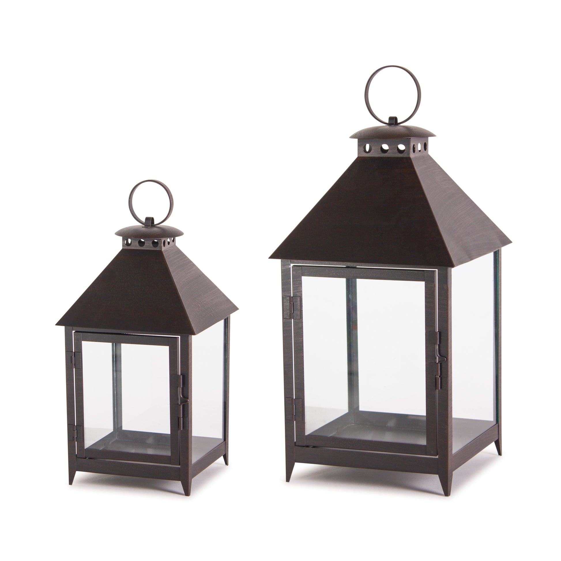 Set of Two Black Geometric Iron And Glass Floor Lantern Candle Holders-Candle Holders-DECOROLALA