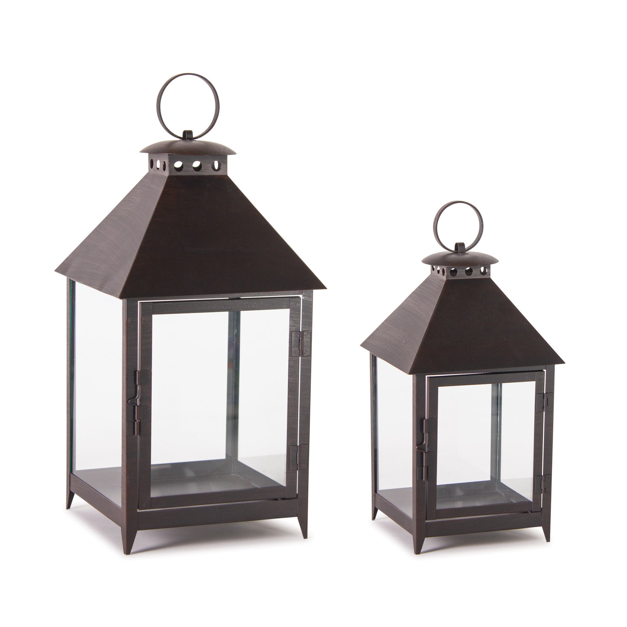Set of Two Black Geometric Iron And Glass Floor Lantern Candle Holders-Candle Holders-DECOROLALA