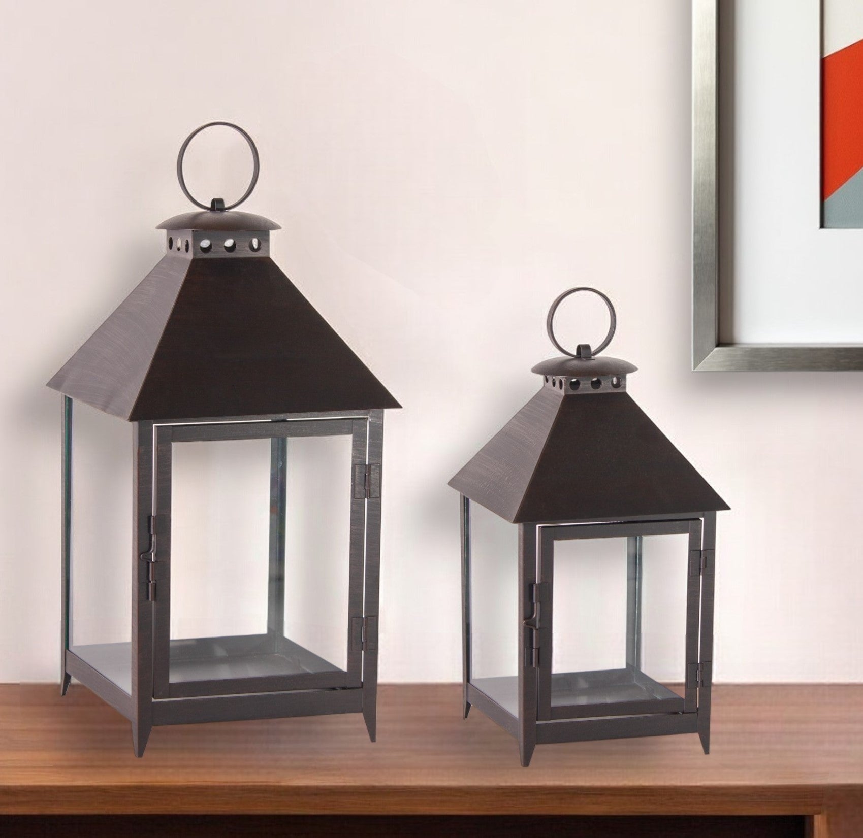 Set of Two Black Geometric Iron And Glass Floor Lantern Candle Holders-Candle Holders-DECOROLALA