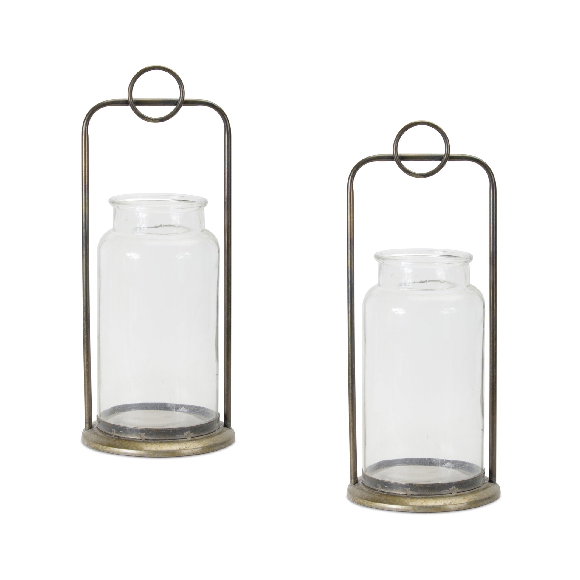 Set of Two Bronze Metal And Glass Tabletop Hurricane Candle Holders-Candle Holders-DECOROLALA