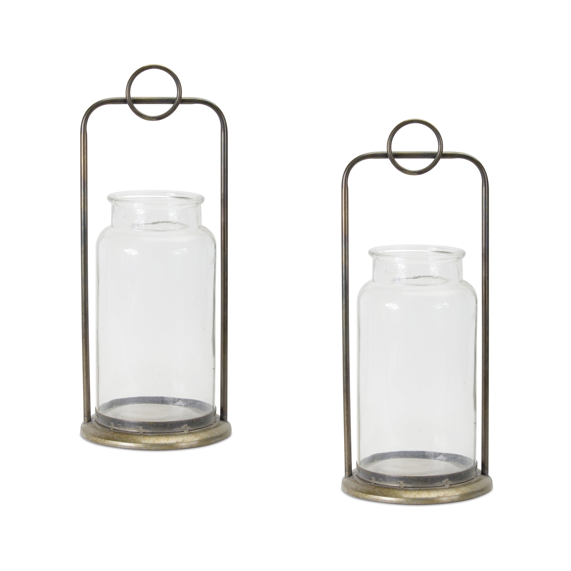 Set of Two Bronze Metal And Glass Tabletop Hurricane Candle Holders-Candle Holders-DECOROLALA