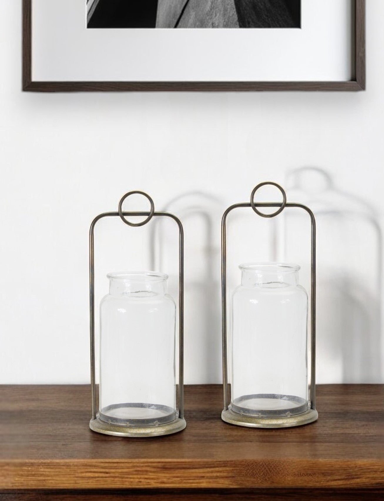 Set of Two Bronze Metal And Glass Tabletop Hurricane Candle Holders-Candle Holders-DECOROLALA