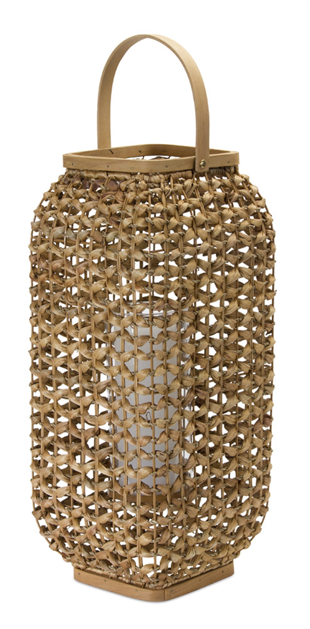 20" Natural Distressed Woven Glass And Wicker Floor Lantern Candle Holder-Candle Holders-DECOROLALA
