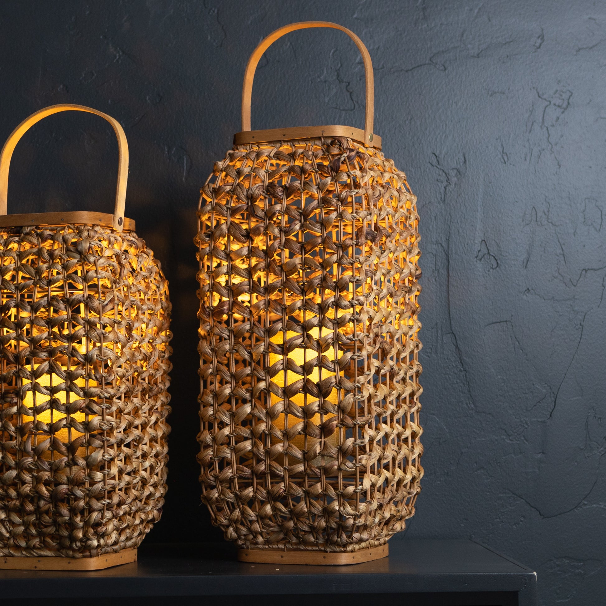 20" Natural Distressed Woven Glass And Wicker Floor Lantern Candle Holder-Candle Holders-DECOROLALA
