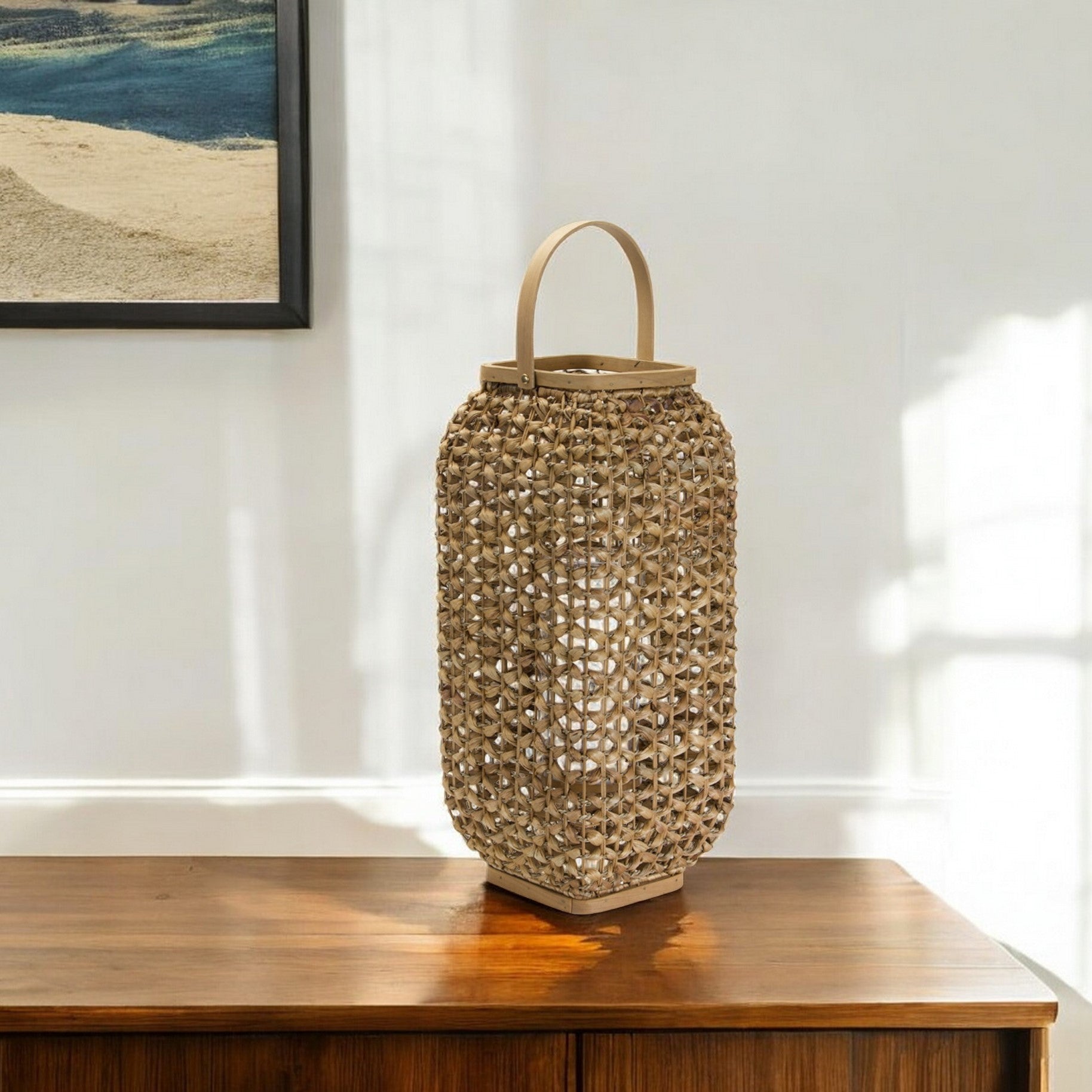 20" Natural Distressed Woven Glass And Wicker Floor Lantern Candle Holder-Candle Holders-DECOROLALA