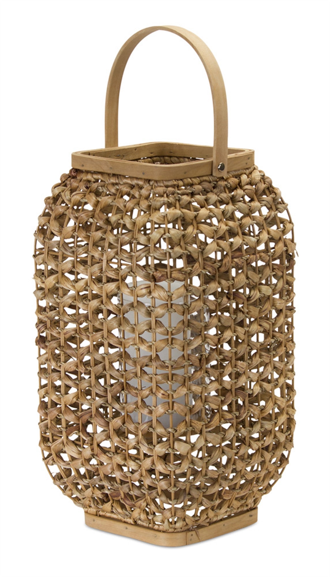 16" Natural Distressed Woven Glass And Wicker Floor Lantern Candle Holder-Candle Holders-DECOROLALA