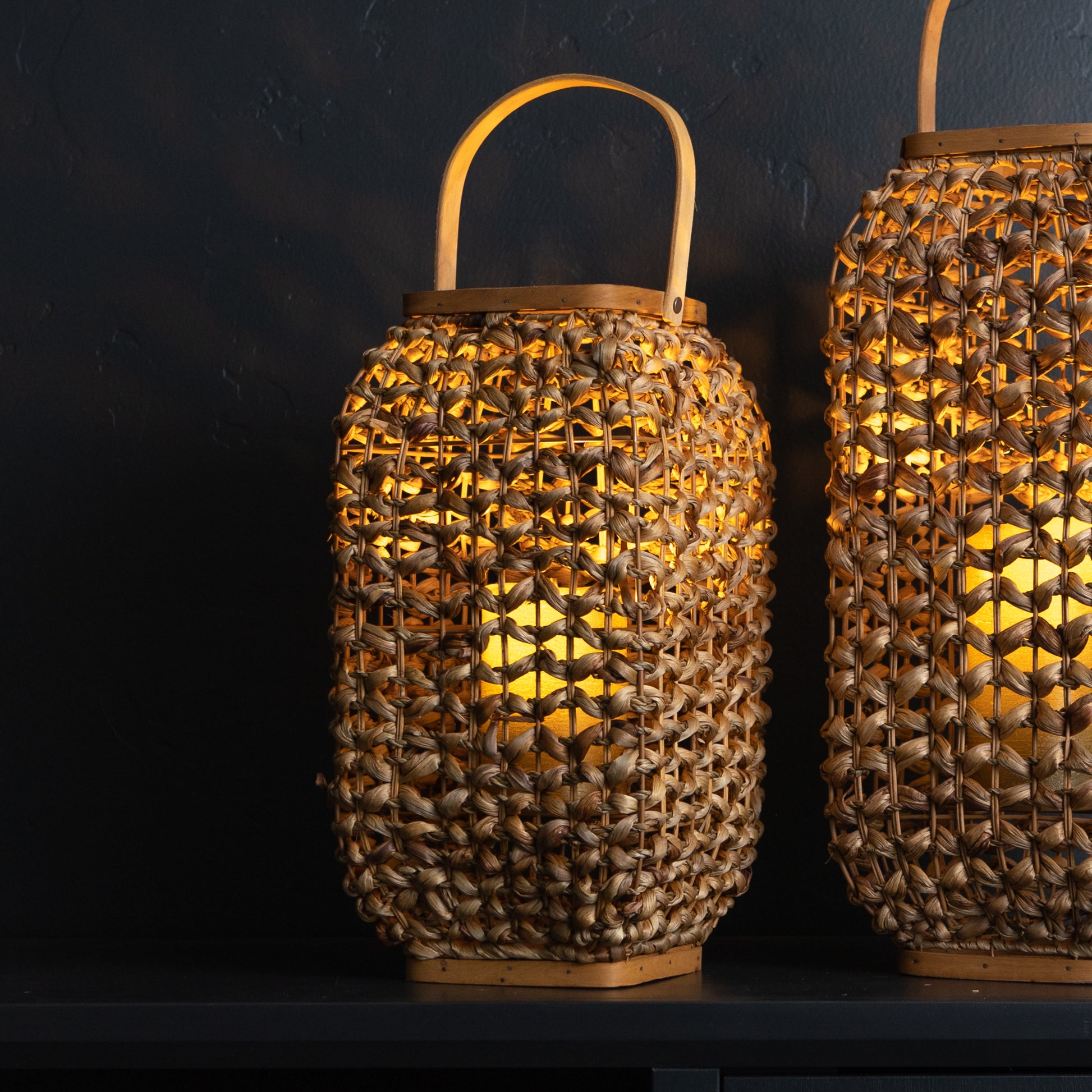 16" Natural Distressed Woven Glass And Wicker Floor Lantern Candle Holder-Candle Holders-DECOROLALA