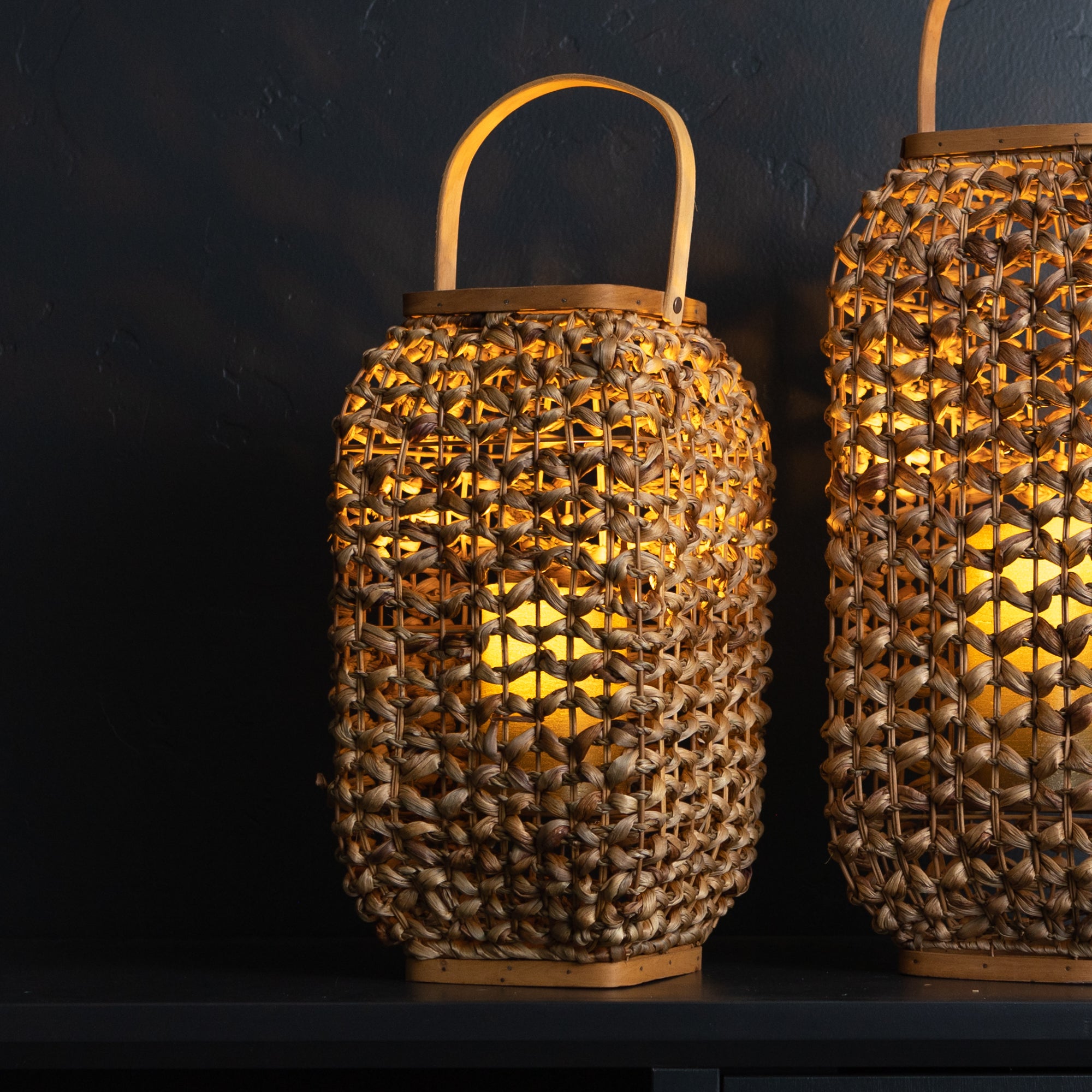 16" Natural Distressed Woven Glass And Wicker Floor Lantern Candle Holder-Candle Holders-DECOROLALA