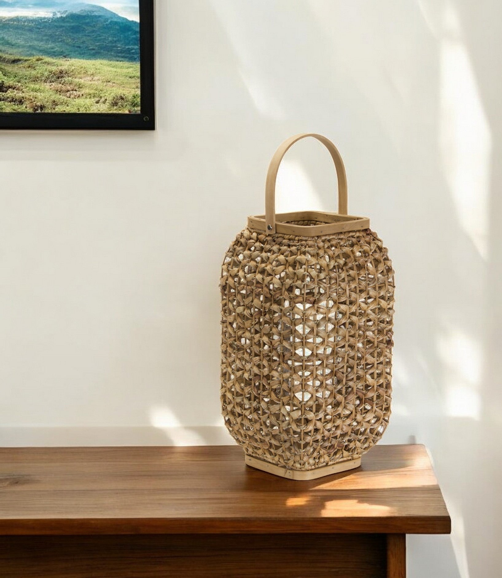 16" Natural Distressed Woven Glass And Wicker Floor Lantern Candle Holder-Candle Holders-DECOROLALA