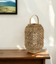 16" Natural Distressed Woven Glass And Wicker Floor Lantern Candle Holder-Candle Holders-DECOROLALA