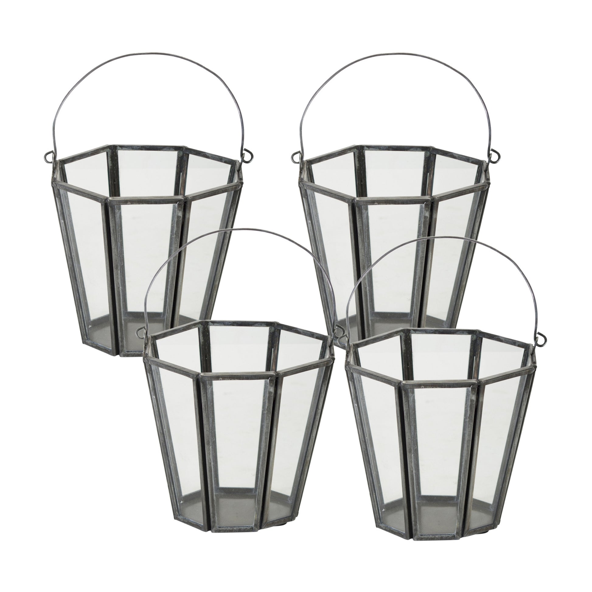 Set of Four Gray Distressed Geometric Iron And Glass Tabletop Votive Candle Holders-Candle Holders-DECOROLALA