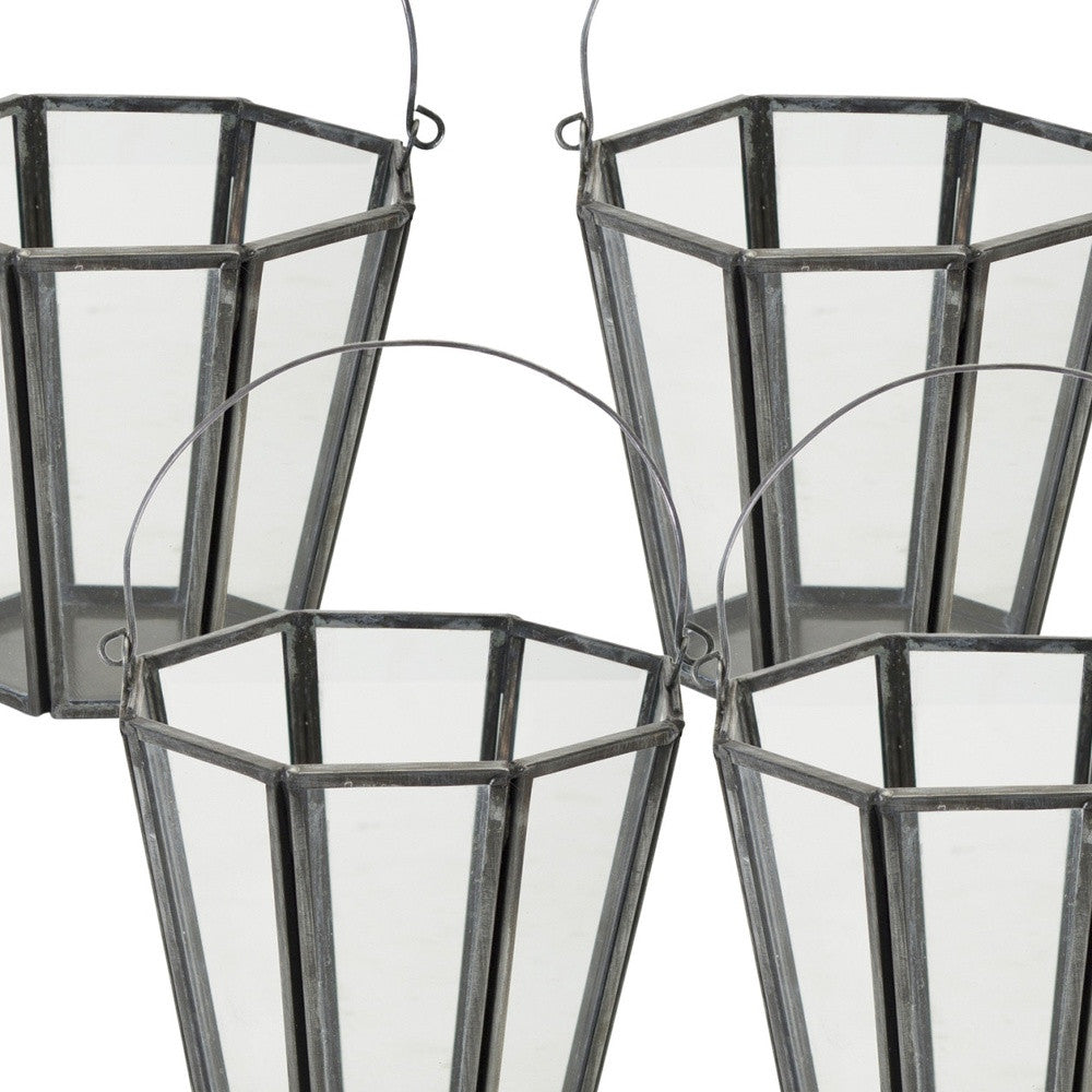 Set of Four Gray Distressed Geometric Iron And Glass Tabletop Votive Candle Holders-Candle Holders-DECOROLALA