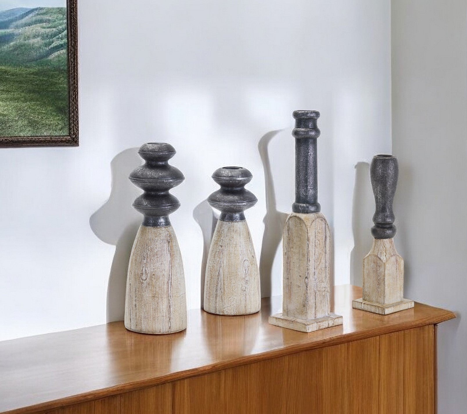 Set of Four Natural and Black Resin and Stone Powder Ornate Tabletop-Candle Holders-DECOROLALA
