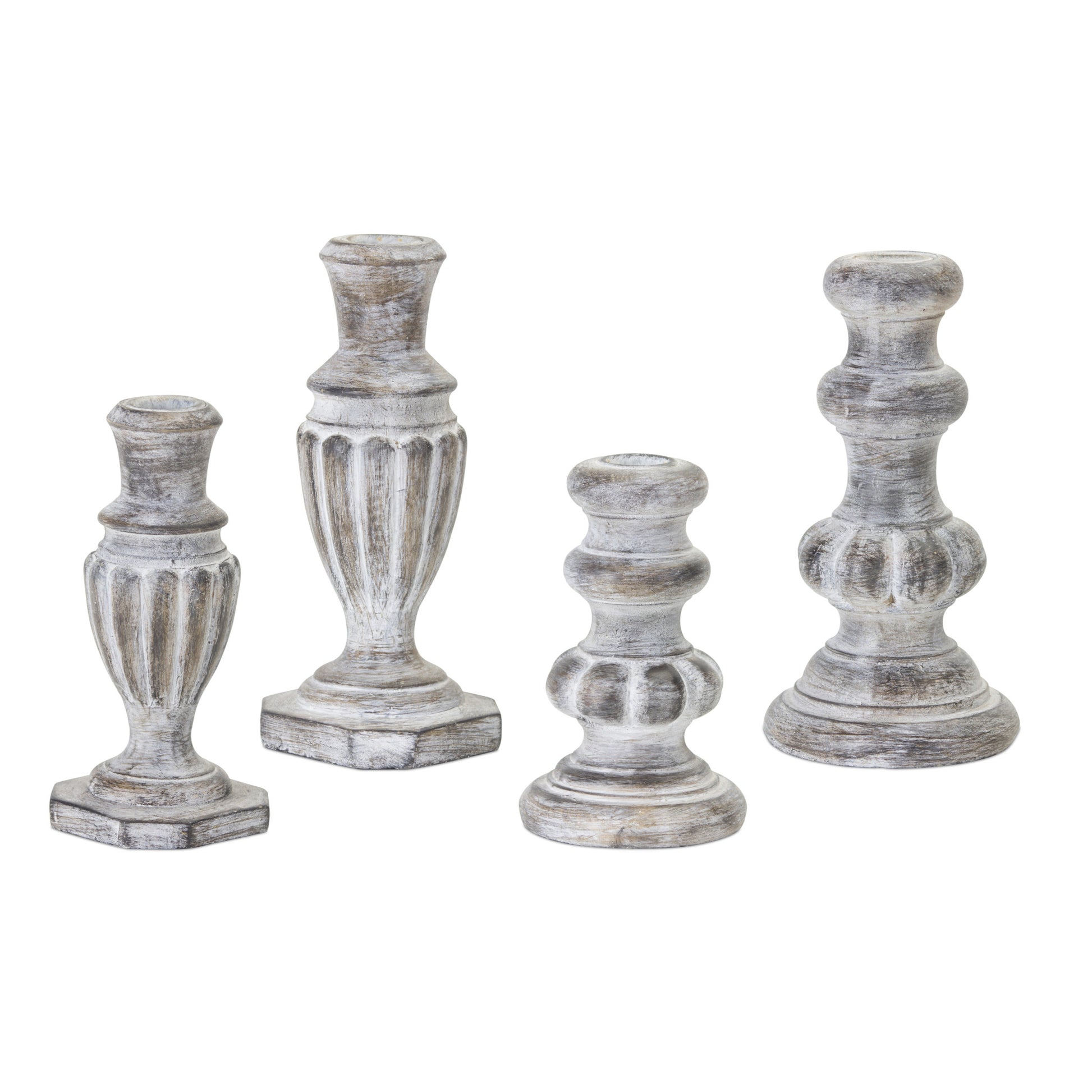 Set of Four White Washed Resin Tabletop Candle Sticks-Candle Holders-DECOROLALA