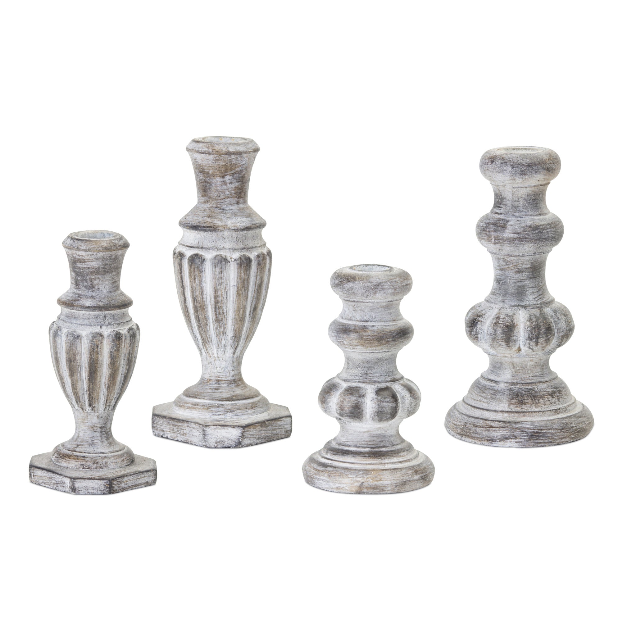 Set of Four White Washed Resin Tabletop Candle Sticks-Candle Holders-DECOROLALA