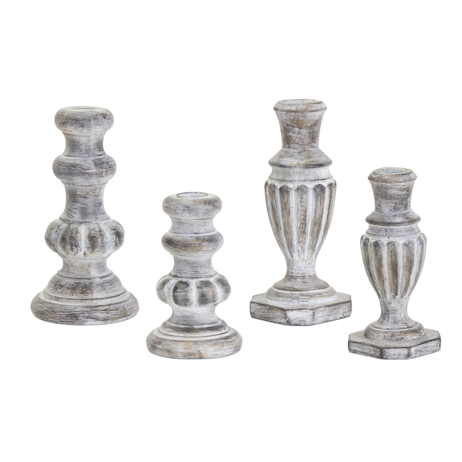 Set of Four White Washed Resin Tabletop Candle Sticks-Candle Holders-DECOROLALA