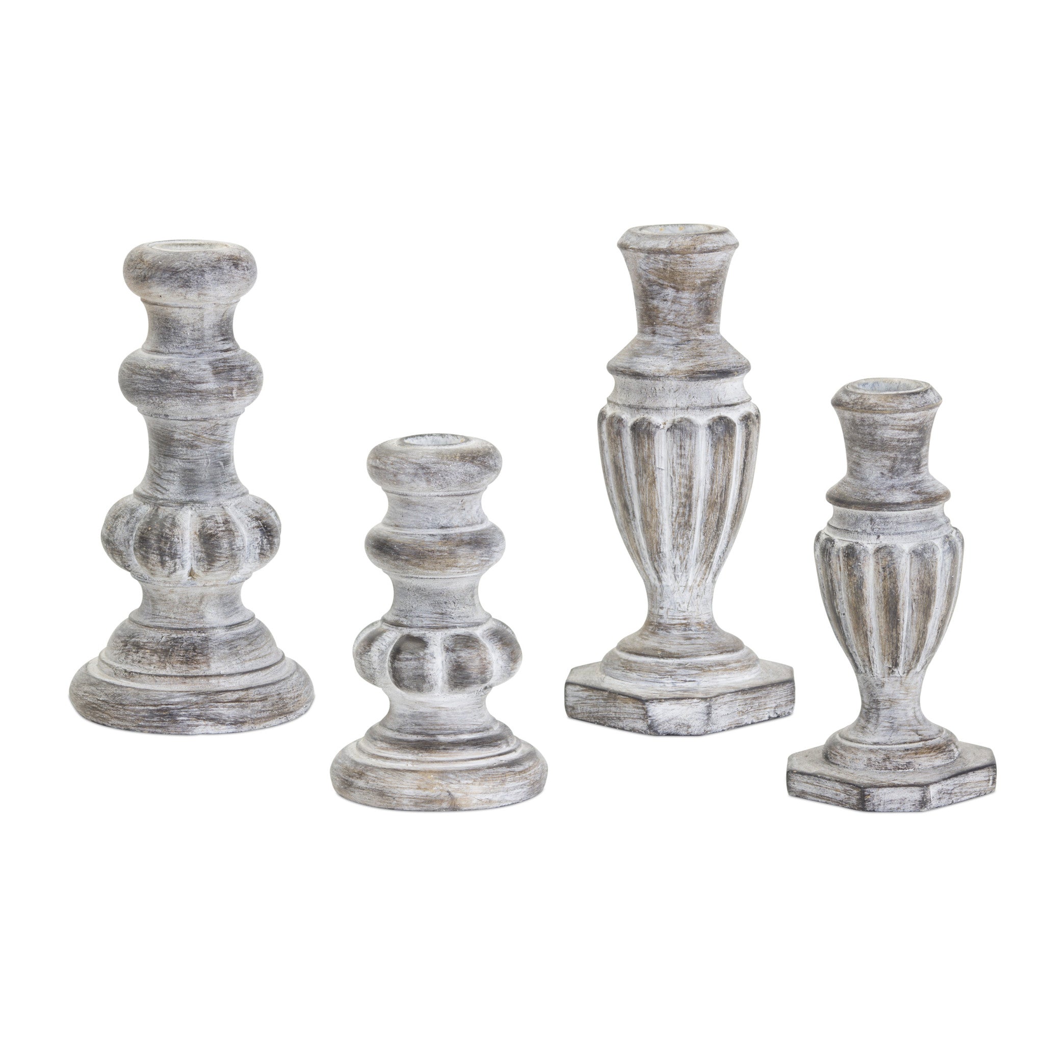 Set of Four White Washed Resin Tabletop Candle Sticks-Candle Holders-DECOROLALA