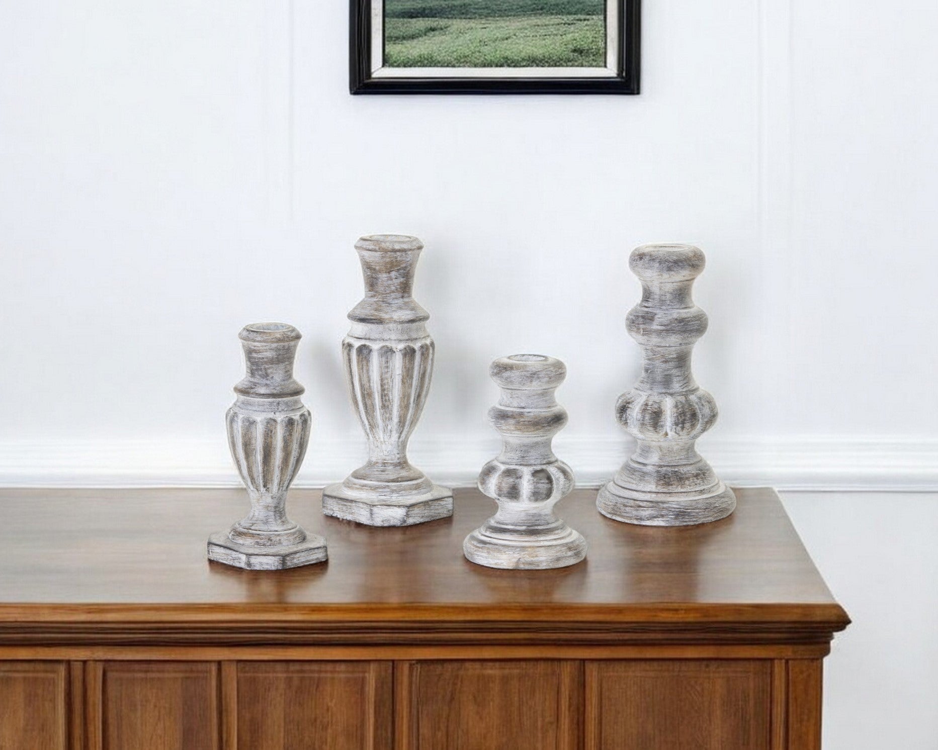 Set of Four White Washed Resin Tabletop Candle Sticks-Candle Holders-DECOROLALA