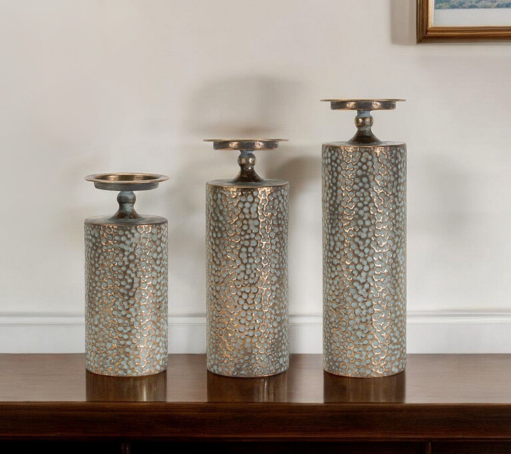 Set of Three Bronze Distressed Abstract Metal Tabletop Pillar Candle Holders-Candle Holders-DECOROLALA