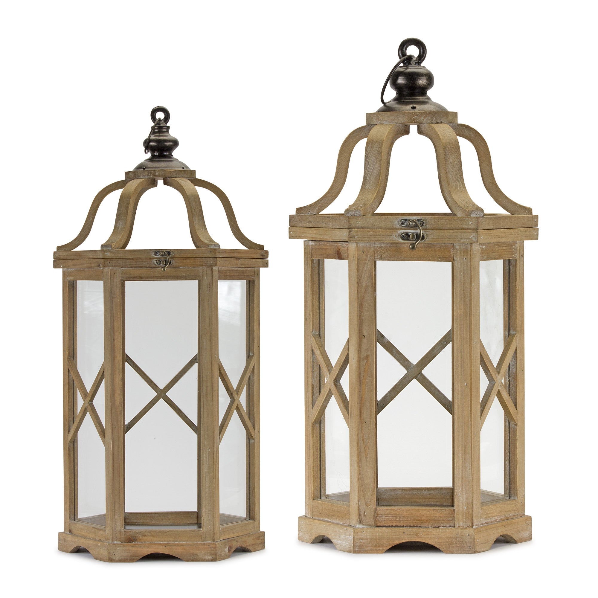 Set of Two Natural And Brown Distressed Geometric Wood And Metal Floor Lantern Candle Holders-Candle Holders-DECOROLALA