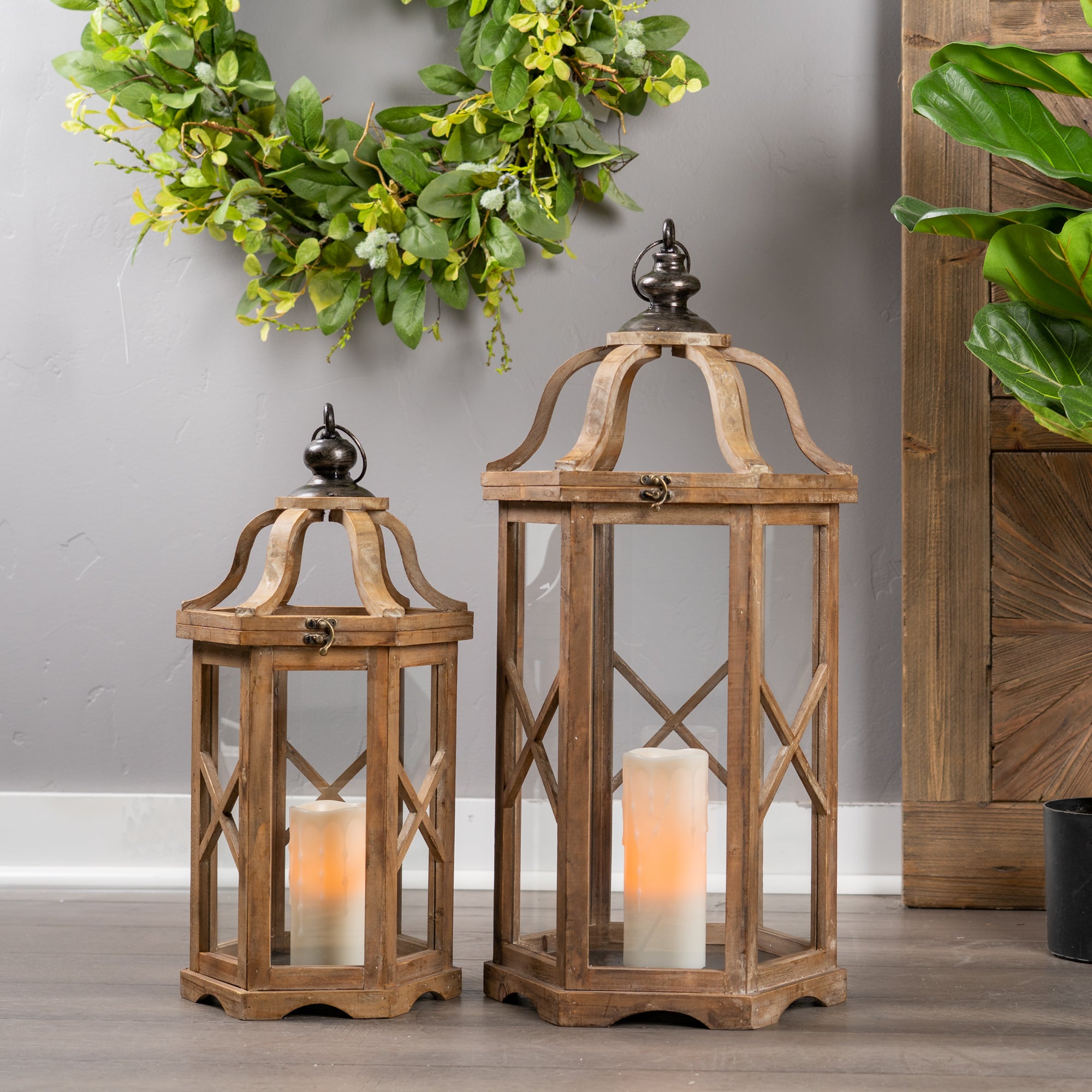 Set of Two Natural And Brown Distressed Geometric Wood And Metal Floor Lantern Candle Holders-Candle Holders-DECOROLALA