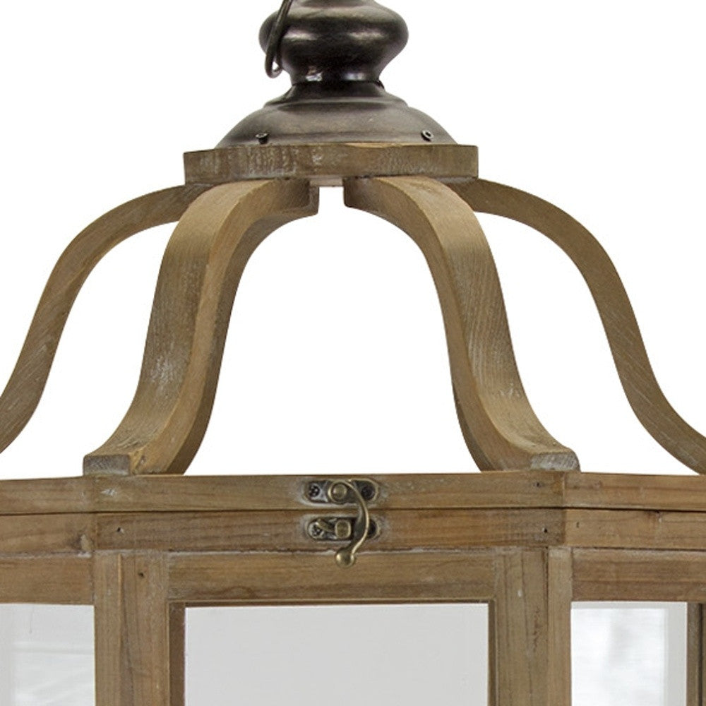 Set of Two Natural And Brown Distressed Geometric Wood And Metal Floor Lantern Candle Holders-Candle Holders-DECOROLALA