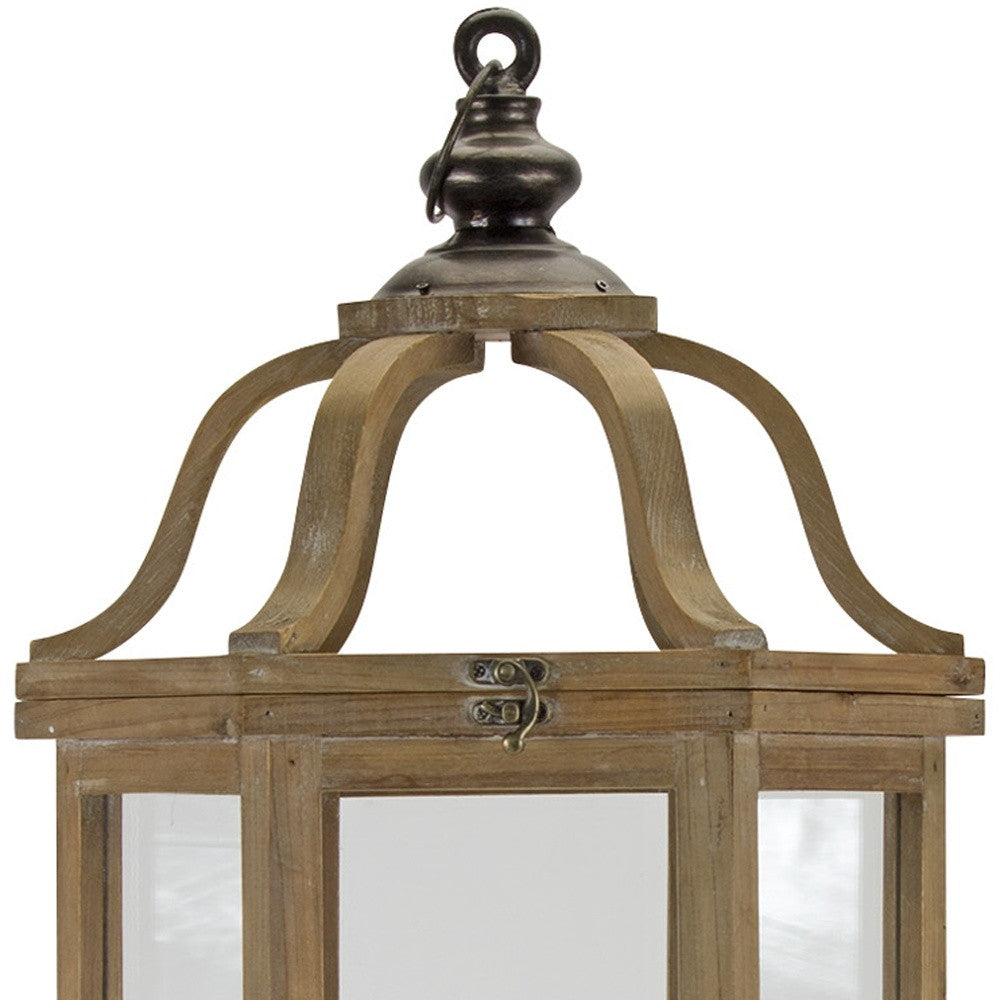 Set of Two Natural And Brown Distressed Geometric Wood And Metal Floor Lantern Candle Holders-Candle Holders-DECOROLALA