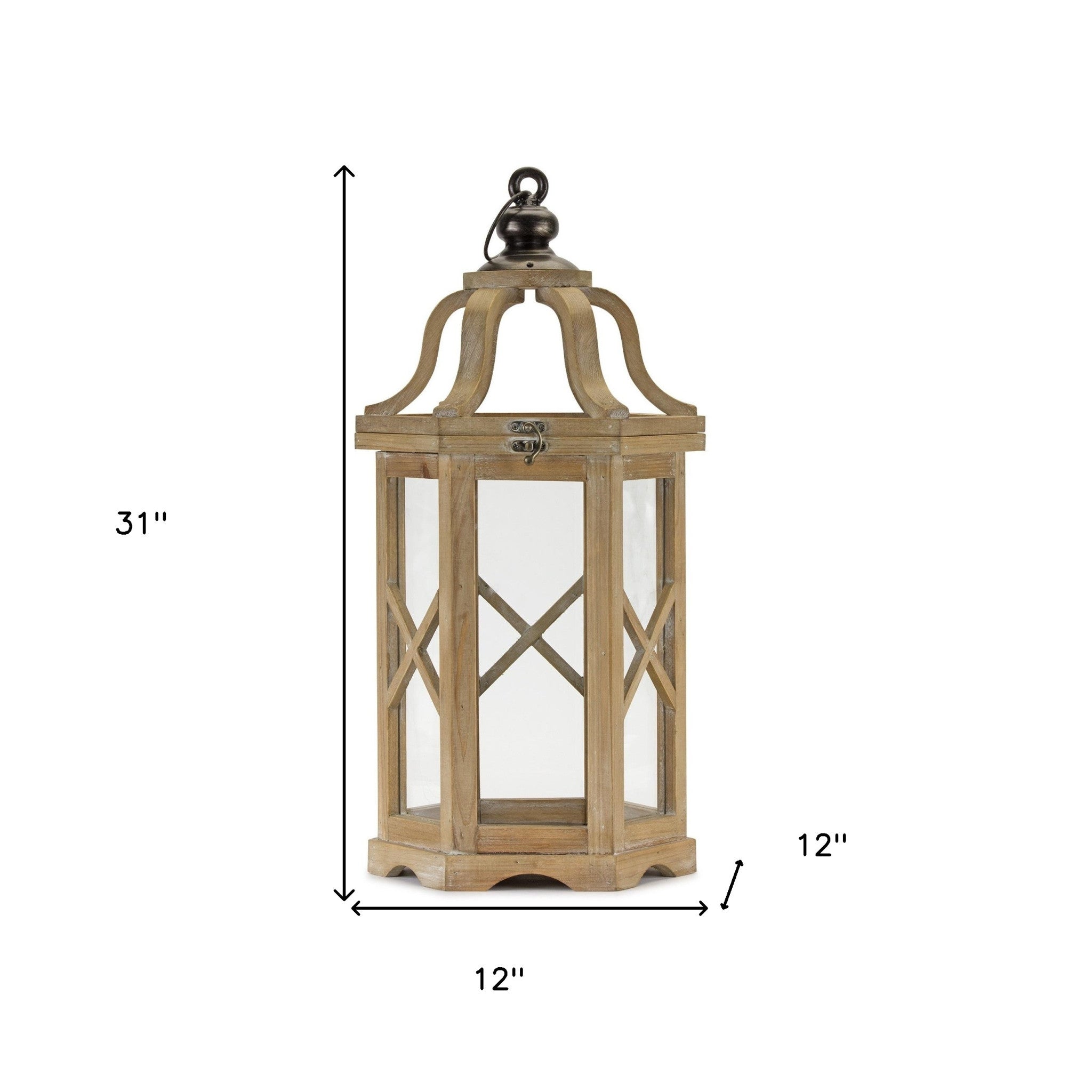Set of Two Natural And Brown Distressed Geometric Wood And Metal Floor Lantern Candle Holders-Candle Holders-DECOROLALA