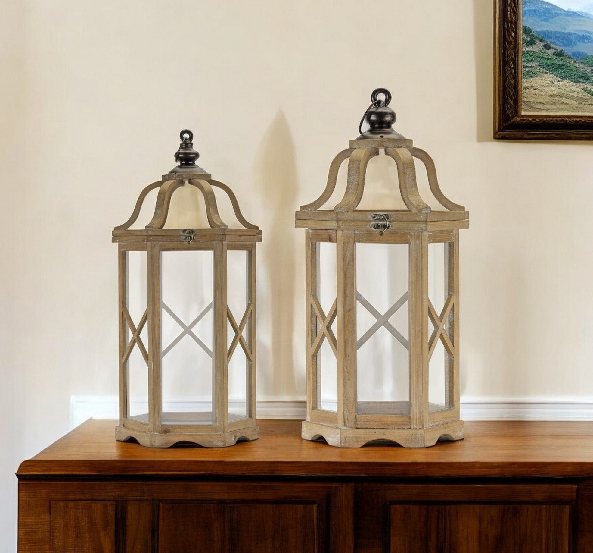 Set of Two Natural And Brown Distressed Geometric Wood And Metal Floor Lantern Candle Holders-Candle Holders-DECOROLALA