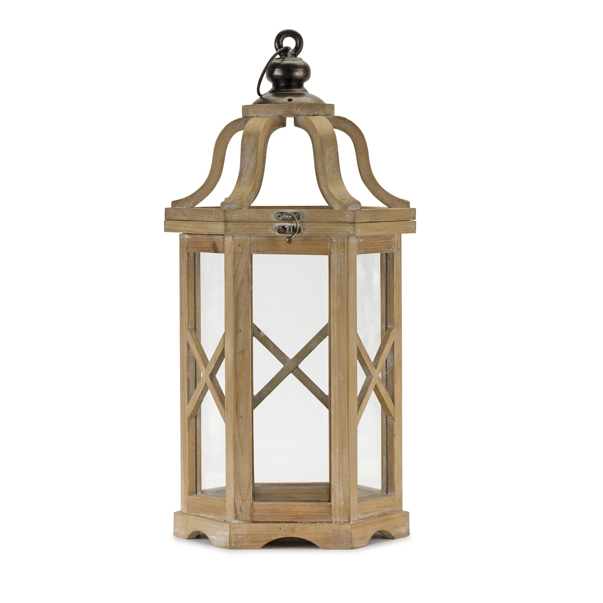 Set of Two Natural And Brown Distressed Geometric Wood And Metal Floor Lantern Candle Holders-Candle Holders-DECOROLALA