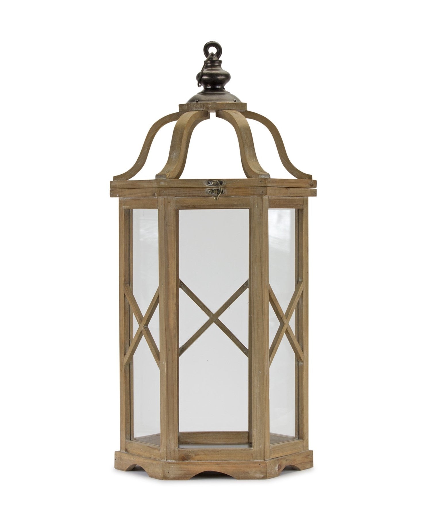 Set of Two Natural And Brown Distressed Geometric Wood And Metal Floor Lantern Candle Holders-Candle Holders-DECOROLALA