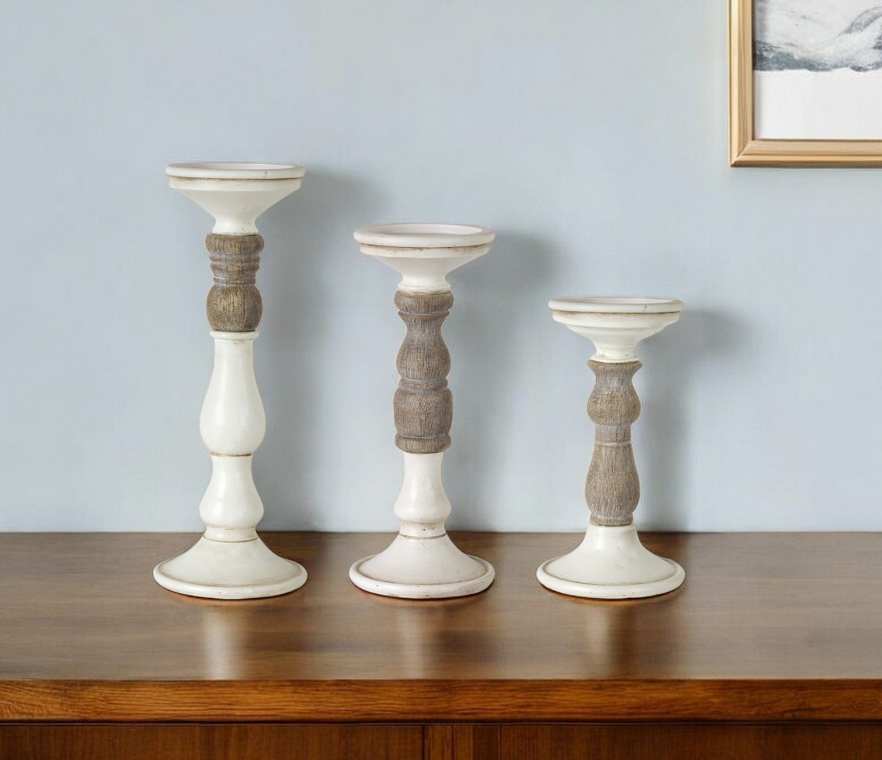 Set of Three Ivory and Natural Resin Tabletop Pillar Candle Holders-Candle Holders-DECOROLALA