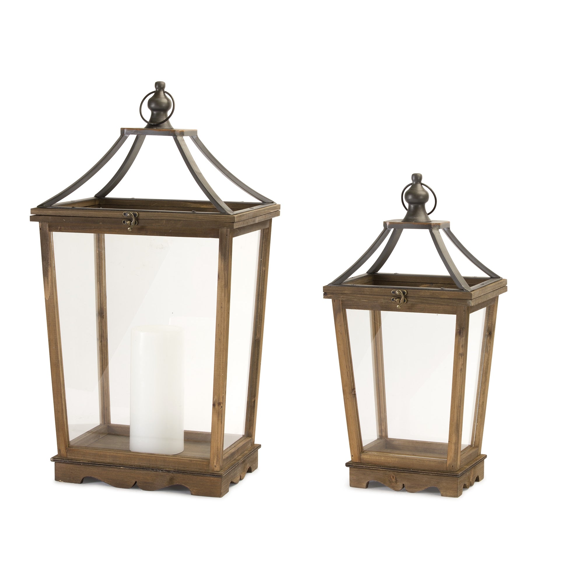 Set of Two Brown Distressed Geometric Wood And Metal Floor Lantern Candle Holders-Candle Holders-DECOROLALA