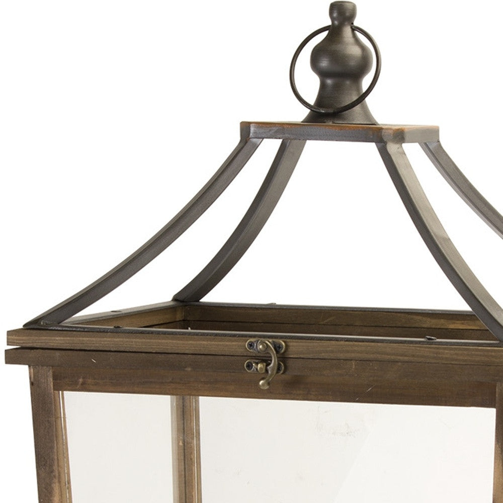 Set of Two Brown Distressed Geometric Wood And Metal Floor Lantern Candle Holders-Candle Holders-DECOROLALA