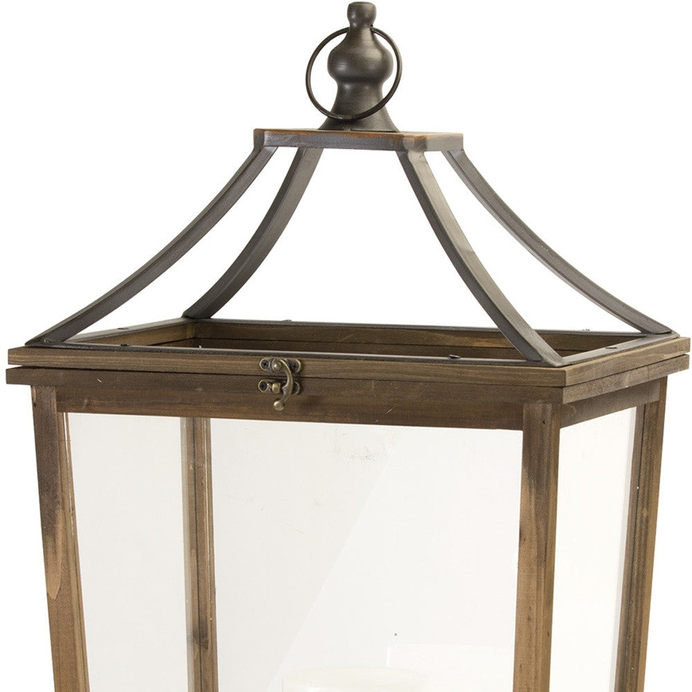 Set of Two Brown Distressed Geometric Wood And Metal Floor Lantern Candle Holders-Candle Holders-DECOROLALA