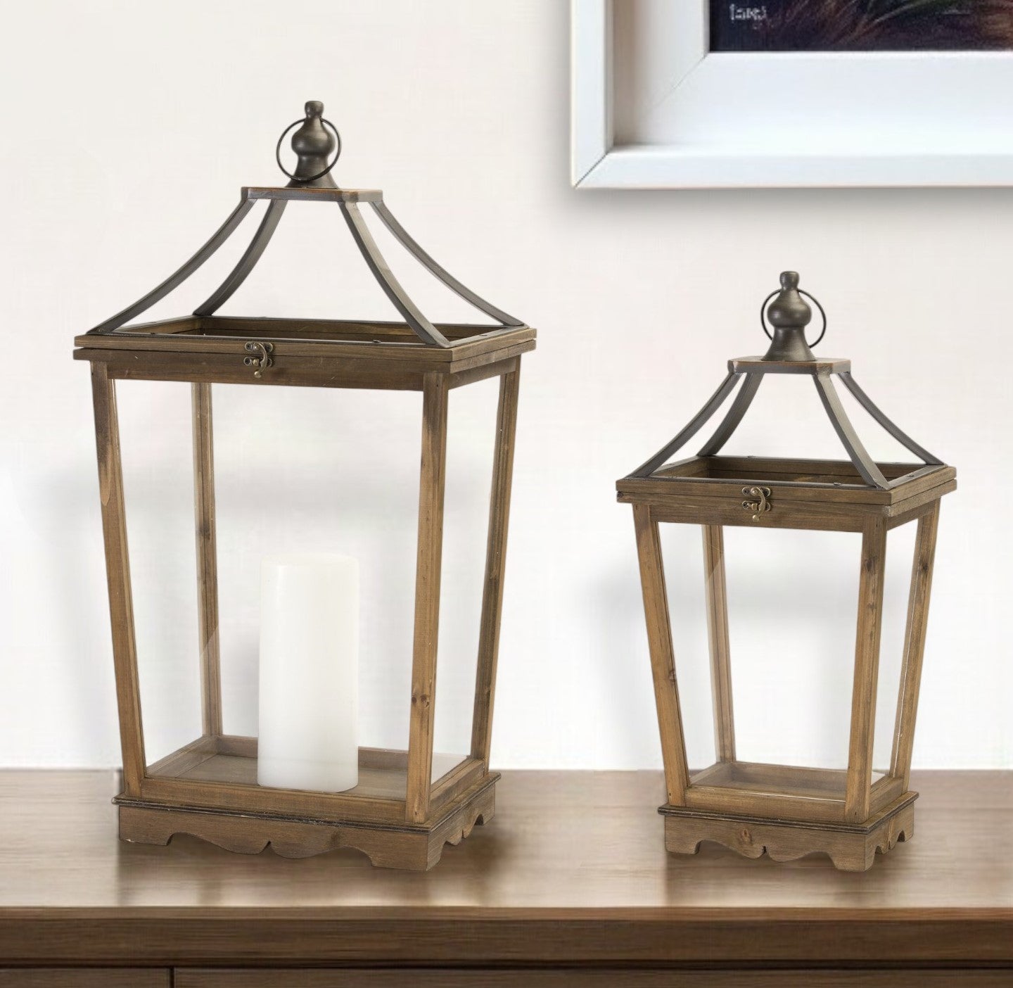 Set of Two Brown Distressed Geometric Wood And Metal Floor Lantern Candle Holders-Candle Holders-DECOROLALA