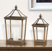 Set of Two Brown Distressed Geometric Wood And Metal Floor Lantern Candle Holders-Candle Holders-DECOROLALA