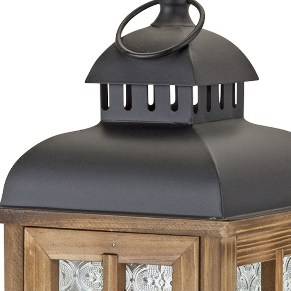 Set of Two Brown and Black Frosted Glass Wood and Metal Floor Lantern Candle Holders-Candle Holders-DECOROLALA