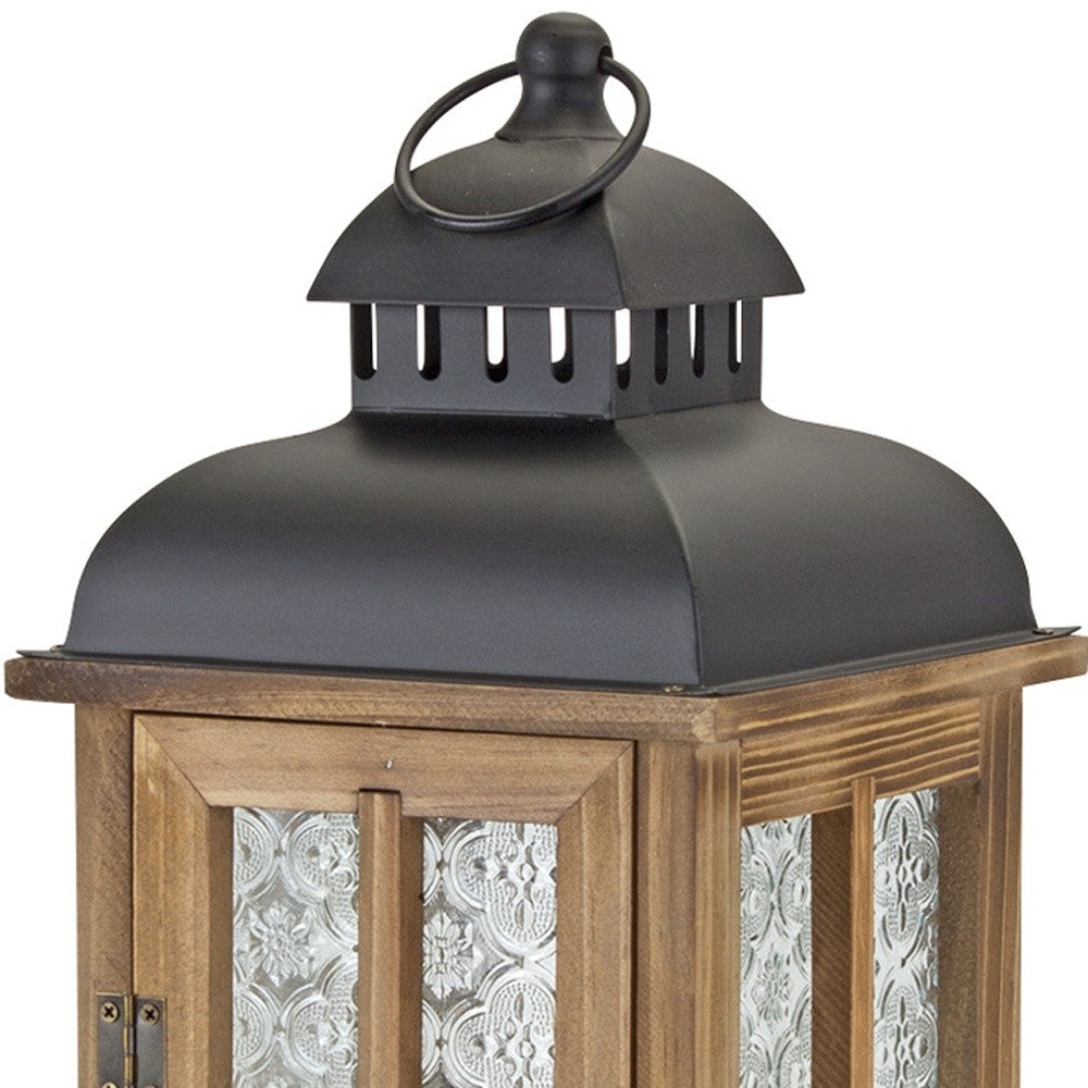 Set of Two Brown and Black Frosted Glass Wood and Metal Floor Lantern Candle Holders-Candle Holders-DECOROLALA