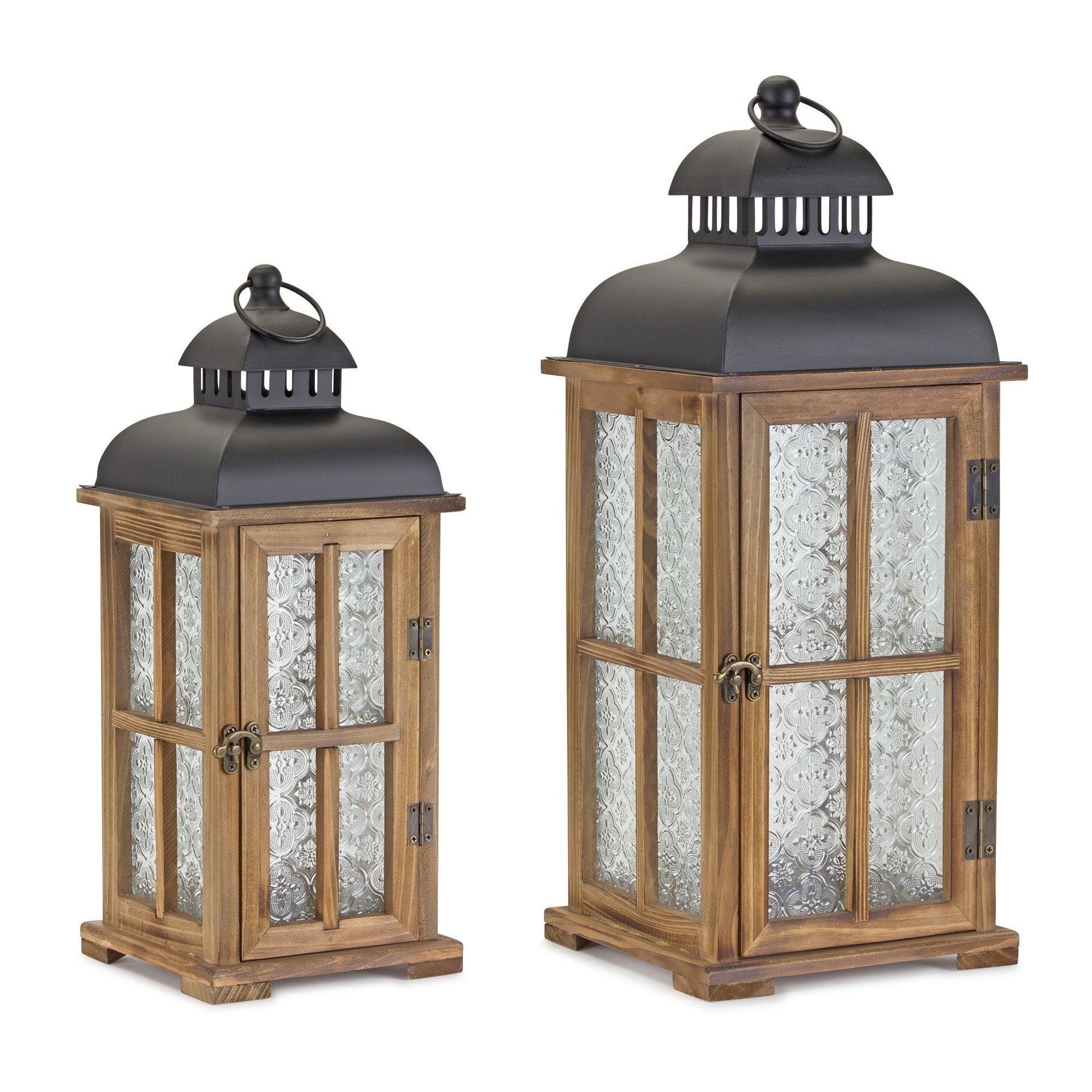 Set of Two Brown and Black Frosted Glass Wood and Metal Floor Lantern Candle Holders-Candle Holders-DECOROLALA