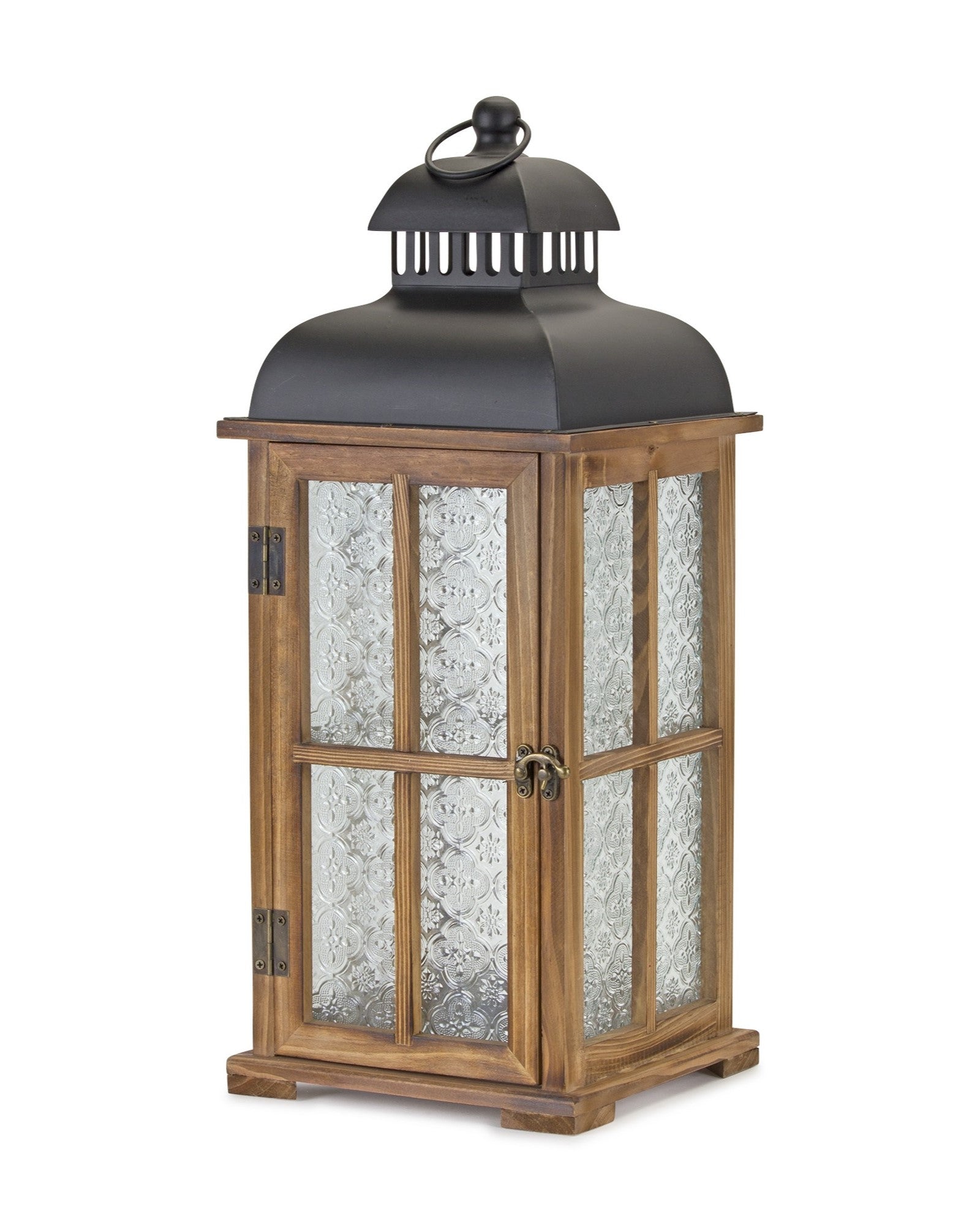 Set of Two Brown and Black Frosted Glass Wood and Metal Floor Lantern Candle Holders-Candle Holders-DECOROLALA
